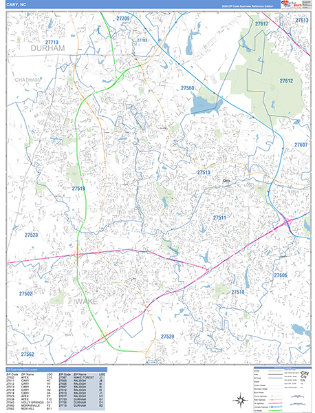 Cary City Wall Map Basic Style