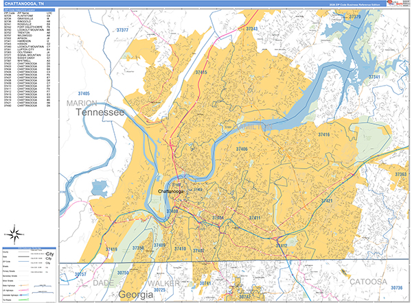 Chattanooga City Wall Map Basic Style