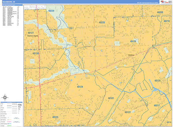 Dearborn City Wall Map Basic Style
