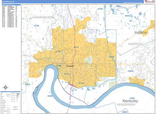 Evansville City Wall Map Basic Style