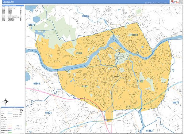 Lowell City Wall Map Basic Style