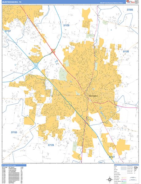Murfreesboro City Wall Map Basic Style