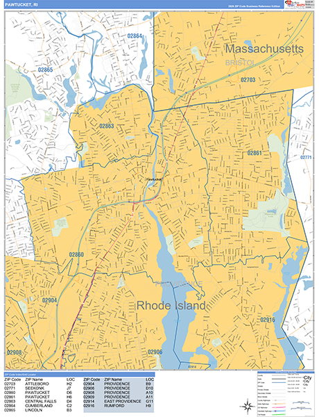 Pawtucket City Wall Map Basic Style