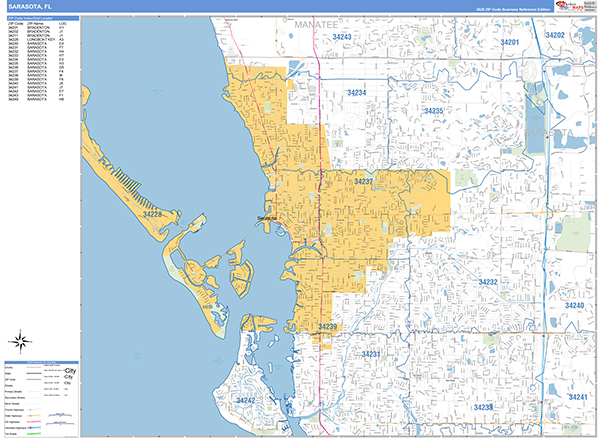 Sarasota City Wall Map Basic Style