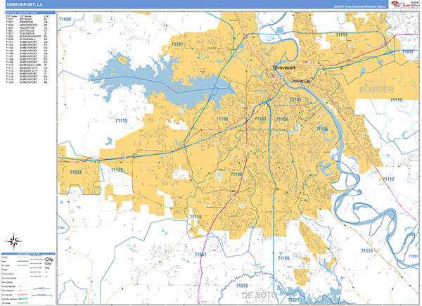 Shreveport City Wall Map Basic Style