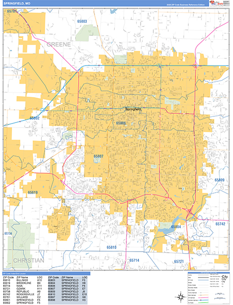 Springfield City Wall Map Basic Style