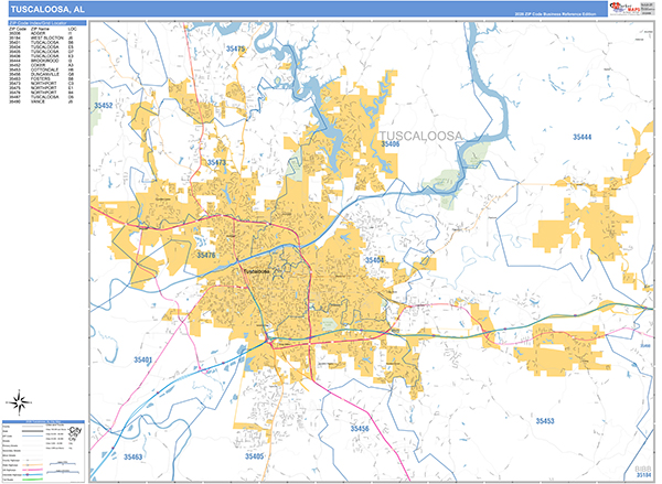 Tuscaloosa City Wall Map Basic Style
