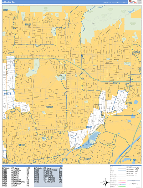 Arcadia Zip Code Wall Map