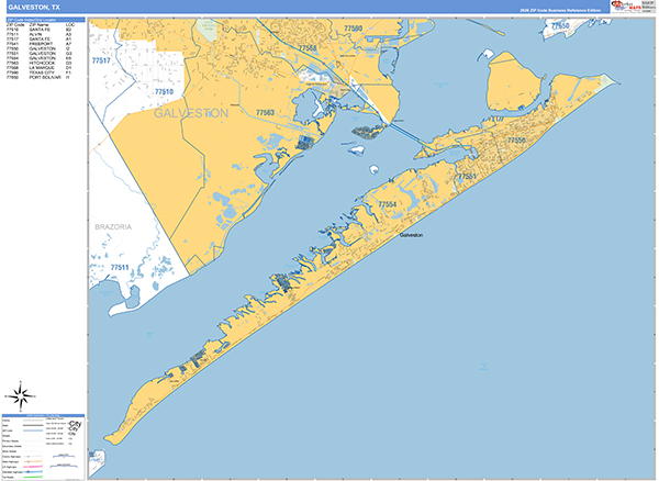 Galveston Zip Code Wall Map