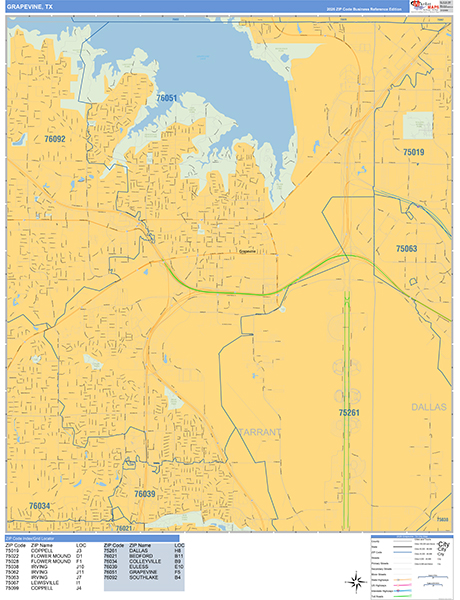 Grapevine Zip Code Wall Map