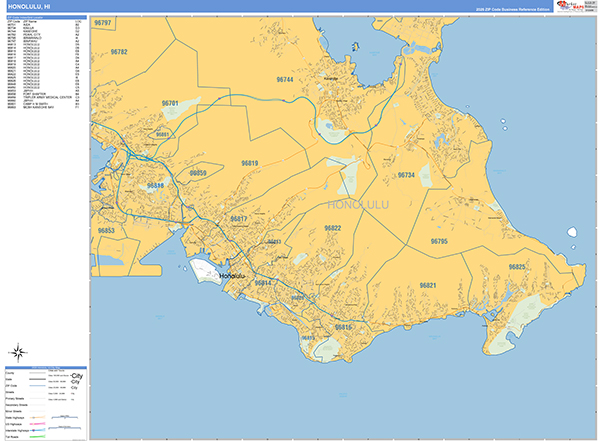 Honolulu Zip Code Wall Map
