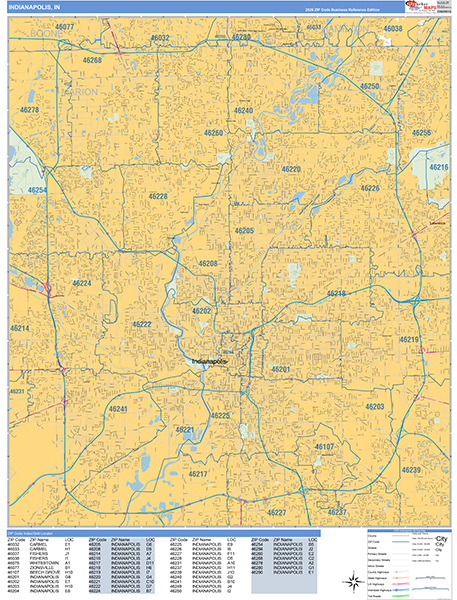 Indianapolis Zip Code Wall Map