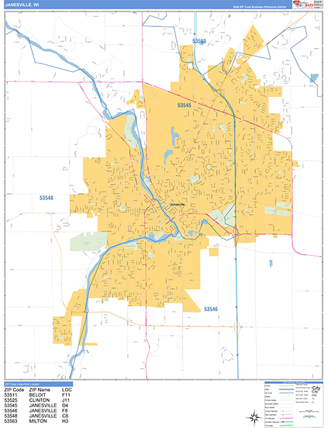 Janesville Zip Code Wall Map