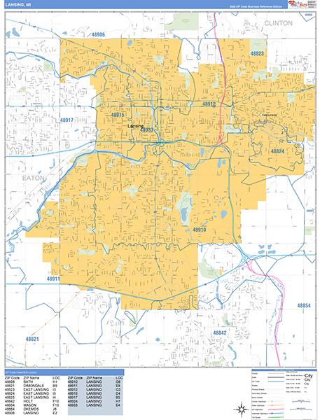 Lansing Zip Code Wall Map