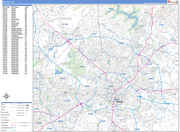 Raleigh Zip Code Wall Map