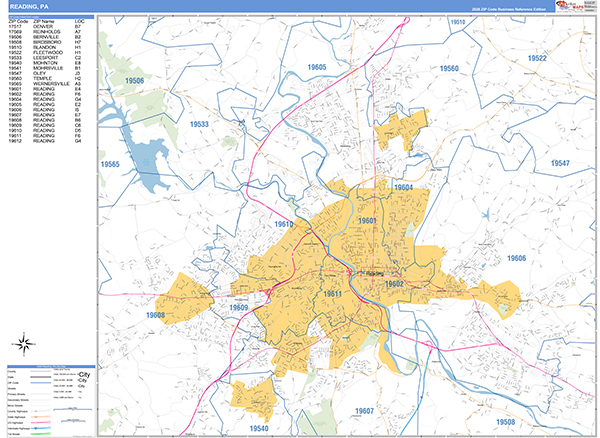 Reading Zip Code Wall Map