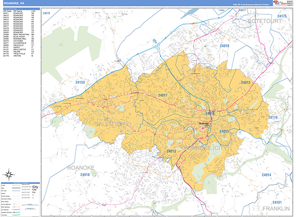 Roanoke Zip Code Wall Map