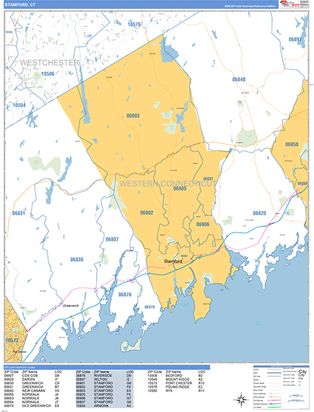 Stamford Zip Code Wall Map