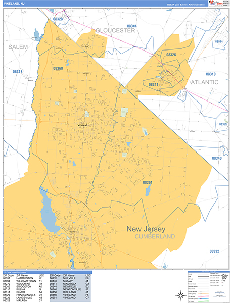 Vineland Zip Code Wall Map