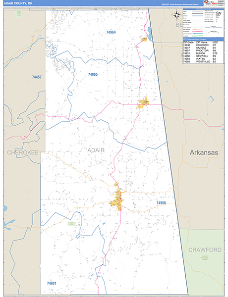 Adair County, OK Carrier Route Wall Map