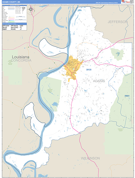Adams County, MS Zip Code Map