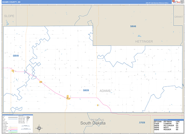 Adams County, ND Wall Map Basic Style