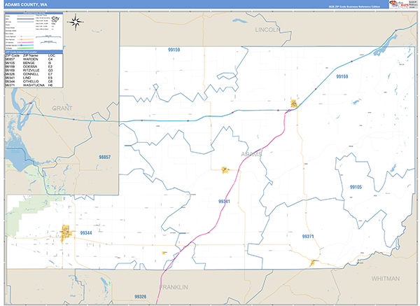 Adams County, WA Wall Map Basic Style