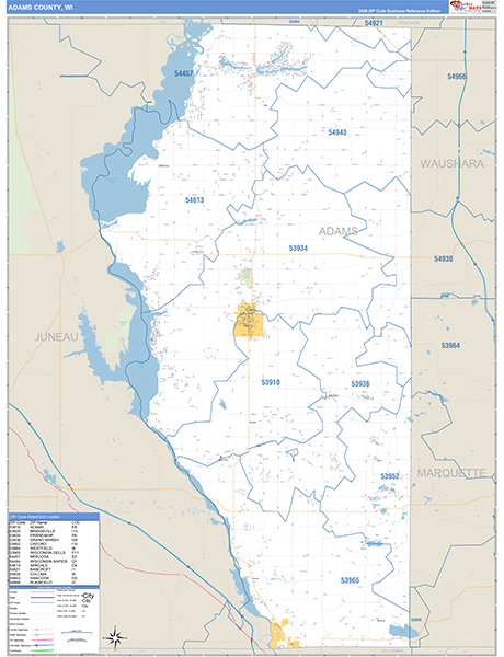 Adams County, WI Zip Code Wall Map