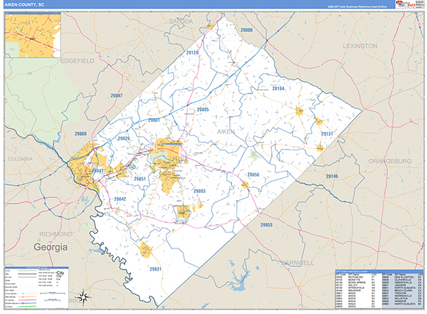 Aiken County, SC Zip Code Wall Map