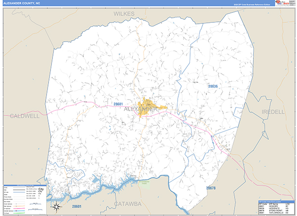 Alexander County, NC Zip Code Wall Map