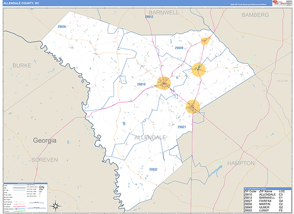 Allendale County, SC Zip Code Wall Map