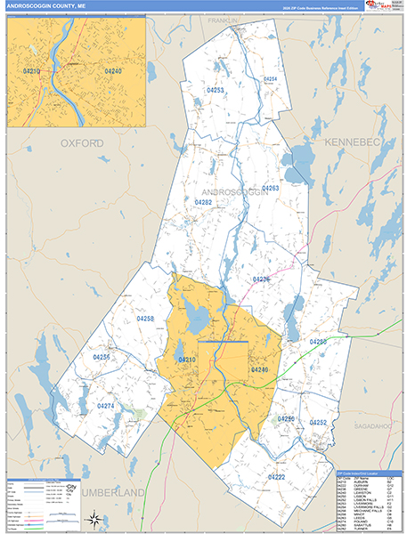 Androscoggin County, ME Wall Map Basic Style