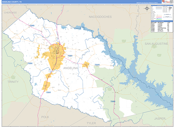 Angelina County, TX Zip Code Map