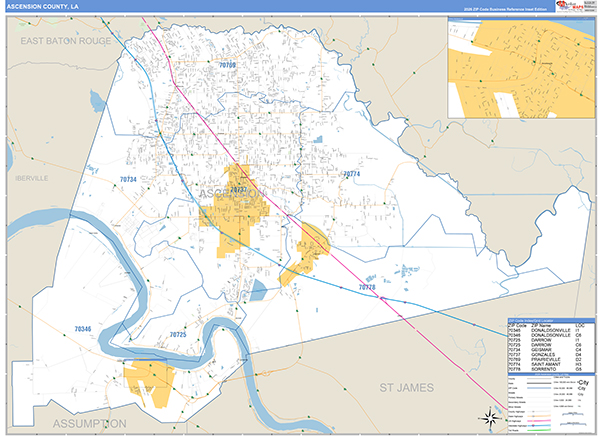 Ascension Parish (County), LA Zip Code Wall Map
