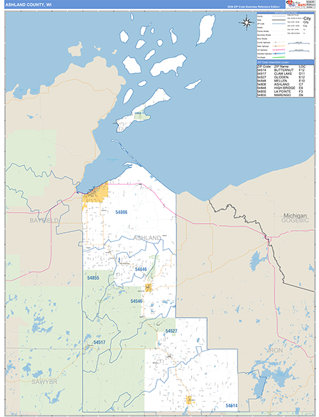 Ashland County, WI Zip Code Wall Map