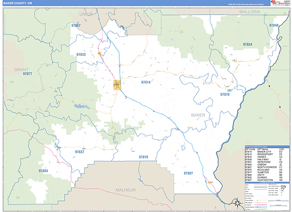 Baker County, OR Zip Code Wall Map