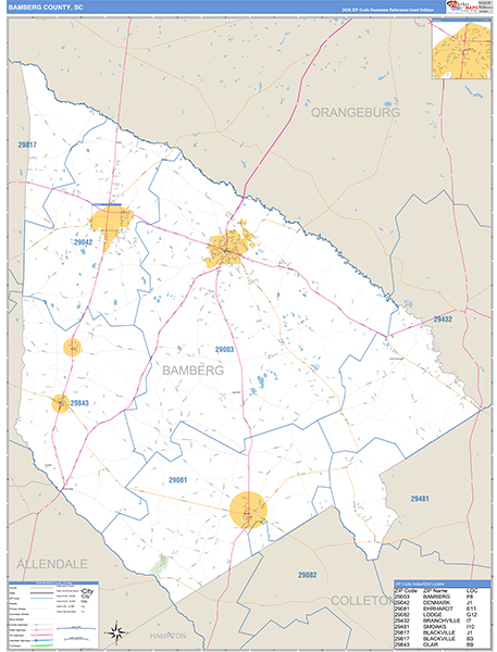 Bamberg County, SC Zip Code Wall Map