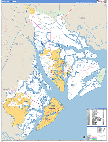 Beaufort County, SC Zip Code Wall Map