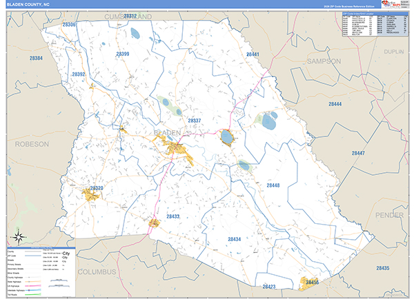 Bladen County, NC Zip Code Wall Map