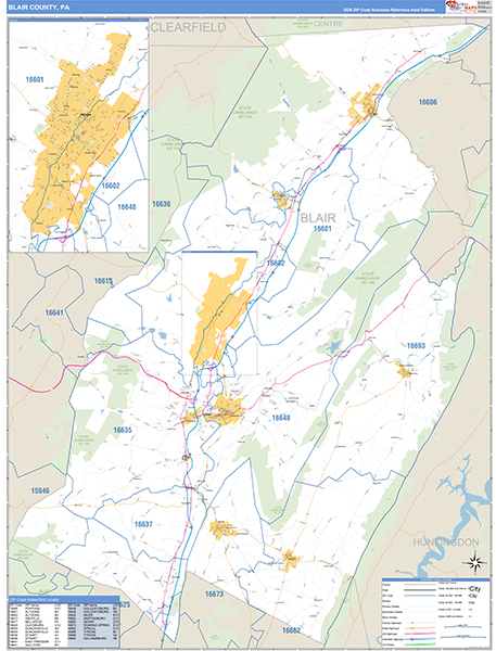 Blair County, PA Wall Map Basic Style