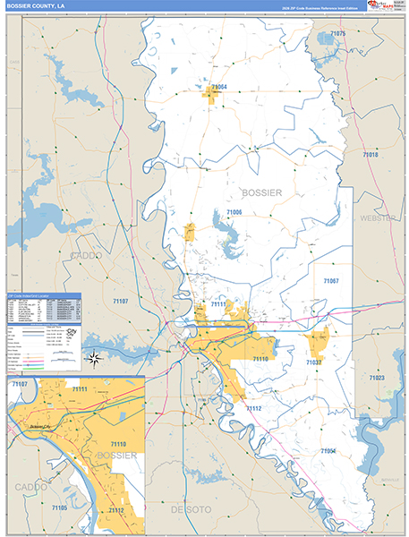 Bossier Parish (County), LA Zip Code Wall Map