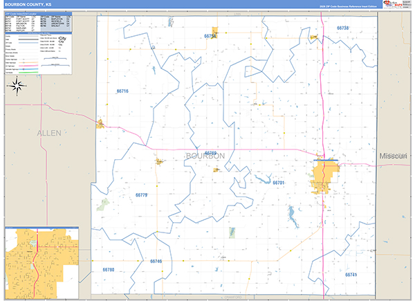 Bourbon County, KS Zip Code Wall Map