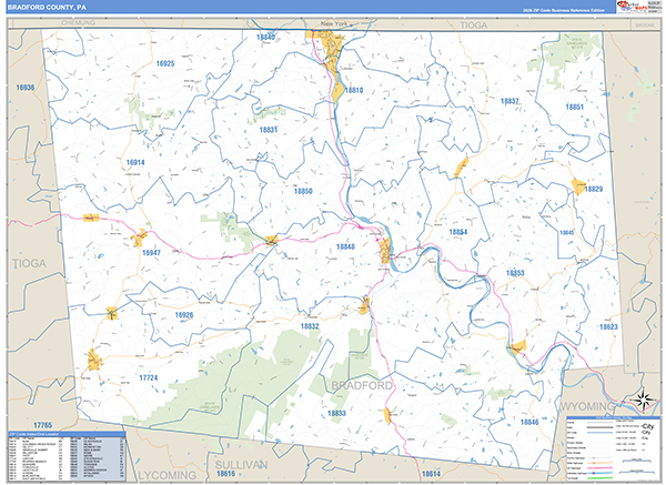 Bradford County, PA Wall Map Basic Style
