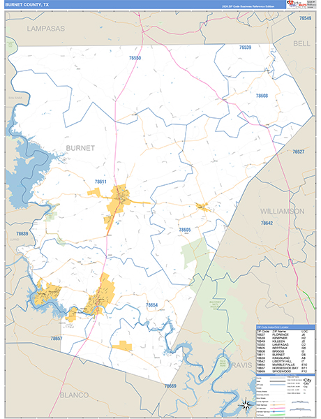 Burnet County, TX Zip Code Map
