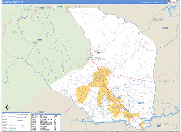 Caldwell County, NC Zip Code Wall Map