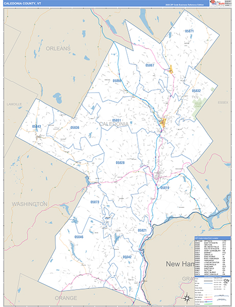 Caledonia County, VT Zip Code Wall Map