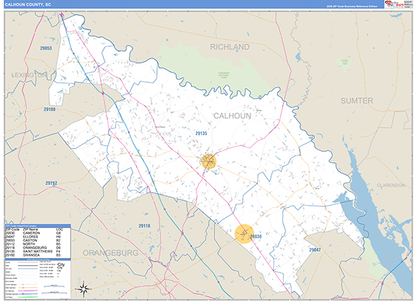Calhoun County, SC Zip Code Wall Map