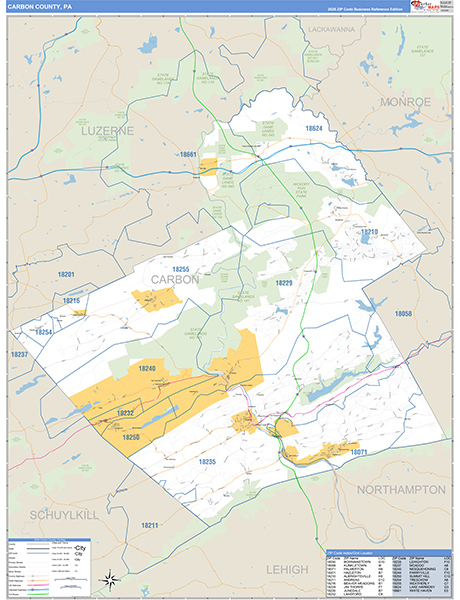 Carbon County, PA Wall Map Basic Style
