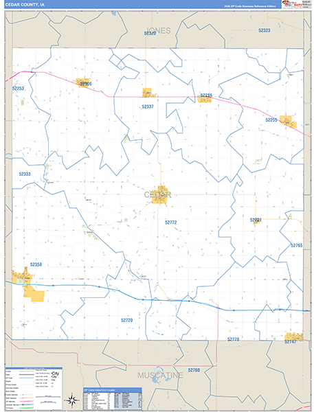 Cedar County, IA Zip Code Wall Map