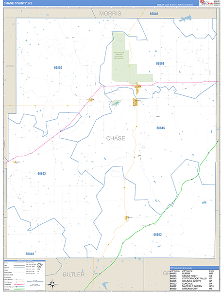 Chase County, KS Zip Code Wall Map